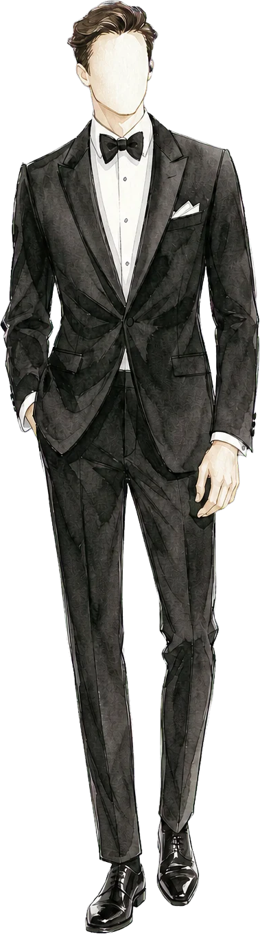 Ilustración de un esmoquin negro formal con corbatín.