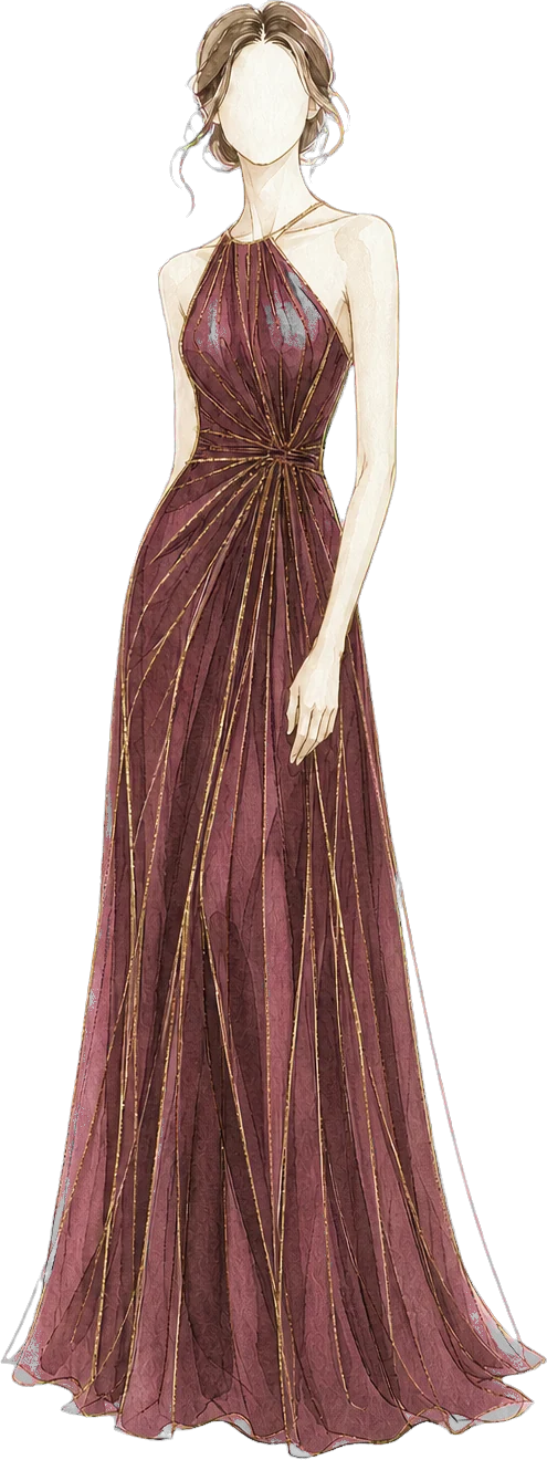 Ilustración de un vestido largo formal color vino.